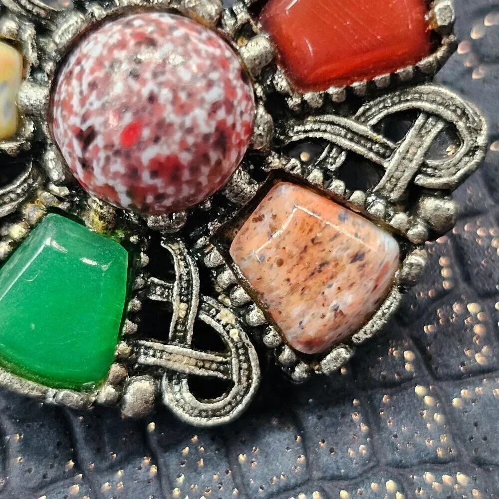 Vintage Multicolor Gemstone Brooch Pin Metalwork Circular Design Jewelry